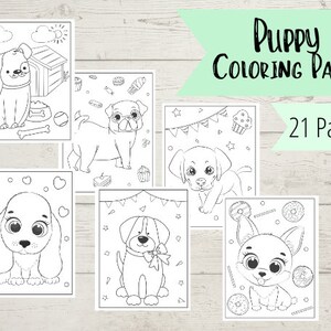 K&ouml;nnte beinhalten: Schwarz-wei&szlig;-Malvorlagen mit verschiedenen niedlichen Welpenillustrationen. Die Seiten zeigen einen Welpen in einer Hundeh&uuml;tte, einen Welpen mit einem Knochen, einen Welpen mit einem Cupcake, einen Welpen mit einer Schleife und einen Welpen mit Donuts. Der Text "Puppy Coloring Pages" und "21 Pages" ist im Bild enthalten.