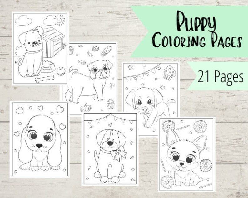 K&ouml;nnte beinhalten: Schwarz-wei&szlig;-Malvorlagen mit verschiedenen niedlichen Welpenillustrationen. Die Seiten zeigen einen Welpen in einer Hundeh&uuml;tte, einen Welpen mit einem Knochen, einen Welpen mit einem Cupcake, einen Welpen mit einer Schleife und einen Welpen mit Donuts. Der Text "Puppy Coloring Pages" und "21 Pages" ist im Bild enthalten.