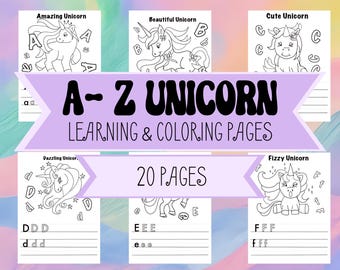 Unicorn Alphabet Coloring & Hand Writing Practice Pages A-Z - Download and Print ABC Coloring Pages - 26 Page Unicorn ABC Coloring Book