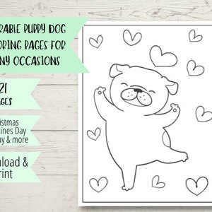 K&ouml;nnte beinhalten: Schwarz-wei&szlig;es Malbuch mit einem niedlichen Welpen mit Herzen. Der Text "ADORABLE PUPPY DOG COLORING PAGES FOR MANY OCCASIONS" befindet sich oben auf der Seite. Der Text "21 PAGES" befindet sich unter dem Bild. Der Text "Download & Print" befindet sich unten auf der Seite.