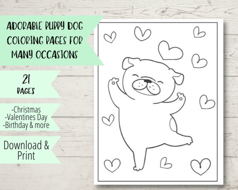K&ouml;nnte beinhalten: Schwarz-wei&szlig;es Malbuch mit einem niedlichen Welpen mit Herzen. Der Text "ADORABLE PUPPY DOG COLORING PAGES FOR MANY OCCASIONS" befindet sich oben auf der Seite. Der Text "21 PAGES" befindet sich unter dem Bild. Der Text "Download & Print" befindet sich unten auf der Seite.