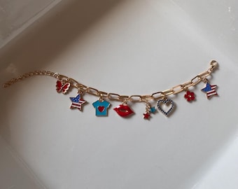 Red, White, & Blue Charm Bracelet • American Flag Star Charms - T-Shirt Charm- Red Lips Charm - Stainless Steel Paperclip Bracelet Gold tone