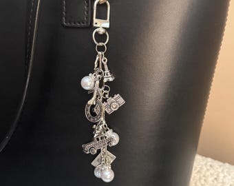 Traveling Bag Charm • Travel Charm Keychain • 12 Charms on a Stainless Steel Chain • Airplane Charm, Passport Charm, Train Charm, & Camera