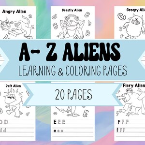 Op de afbeelding: Een verzameling A-Z Aliens leer- en kleurpagina's. Elke pagina bevat een andere alien-illustratie met bijbehorende letters en oefenlijnen voor het schrijven. De titel "A-Z ALIENS LEARNING & COLORING PAGES" staat op een lichtblauwe banner.