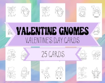 Tarjetas imprimibles de San Valentín con gnomos - Feliz día de San Valentín - 25 tarjetas con reverso - Gnomos enamorados - Fiestas infantiles de San Valentín