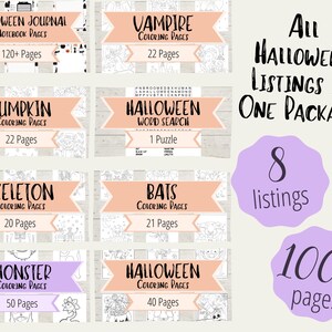 May include: A collection of eight printable Halloween colouring pages and a Halloween word search puzzle. The pages feature various Halloween themes, including pumpkins, bats, skeletons, monsters, and vampires. There are over 100 pages in total.