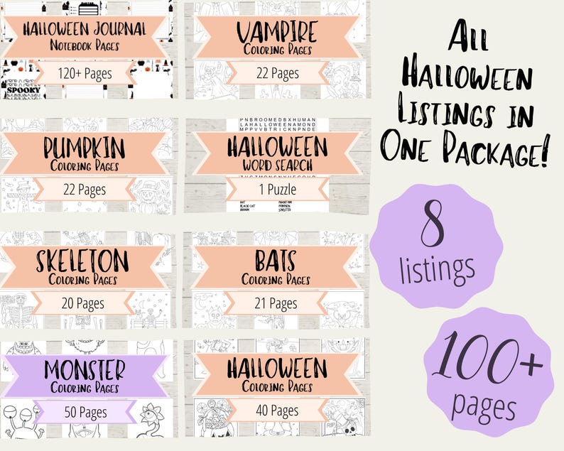 May include: A collection of eight printable Halloween colouring pages and a Halloween word search puzzle. The pages feature various Halloween themes, including pumpkins, bats, skeletons, monsters, and vampires. There are over 100 pages in total.