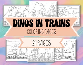 Dinosaurs Riding Trains Coloring Book Pages - 21 Train Coloring Pages - Dinosaur Coloring Pages - Printable Coloring Book for Boys or Girls