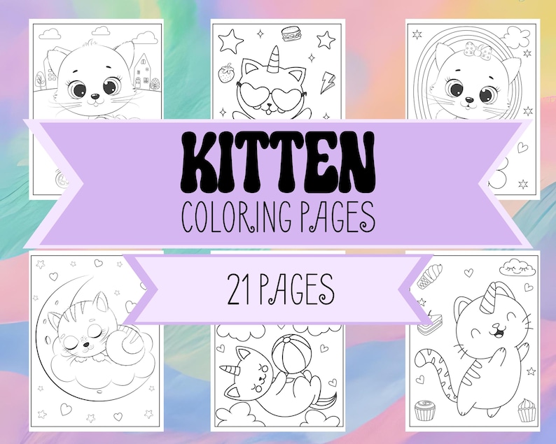 Kitten Coloring Pages - Birthday Kitty, Unicorn Kitty, Kitties and Rainbows, Happy Cats +more - 21 Cute Cat Coloring Pages for Kids & Adults image 1