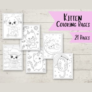 May include: A set of 21 black and white coloring pages featuring cute kittens in various poses. The pages include a kitten riding a scooter, a kitten wearing a unicorn horn, a kitten sleeping on a cloud, a kitten driving a car, a kitten holding a cupcake, and a kitten sitting on a rainbow.