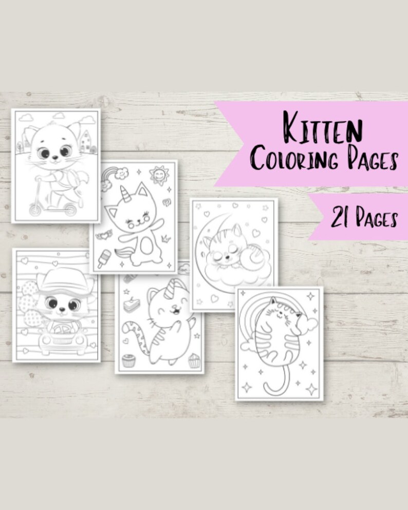 May include: A set of 21 black and white coloring pages featuring cute kittens in various poses. The pages include a kitten riding a scooter, a kitten wearing a unicorn horn, a kitten sleeping on a cloud, a kitten driving a car, a kitten holding a cupcake, and a kitten sitting on a rainbow.