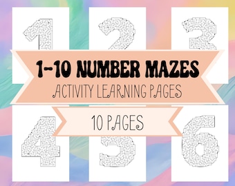 May include: A collection of ten number mazes, each featuring a different number from one to ten. The mazes are printed in black on white paper. The title "1-10 NUMBER MAZES ACTIVITY LEARNING PAGES" is displayed across the center.