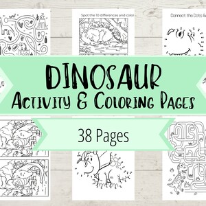 Op de afbeelding: Een set van 38 printbare dinosaurus-activiteiten en kleurplaten. De pagina's bevatten doolhoven, verbind-de-stippen en zoek-de-verschillen-activiteiten.