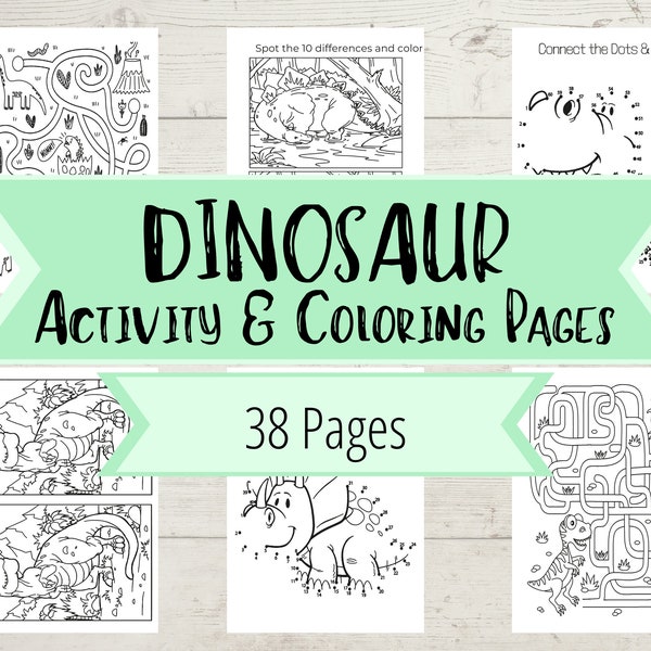 Dinosaur Activity Book Printable - Mazes, Connect the Dots, Spot the Difference & Coloring Pages for Kids - Dinosaur Kids Coloring Book