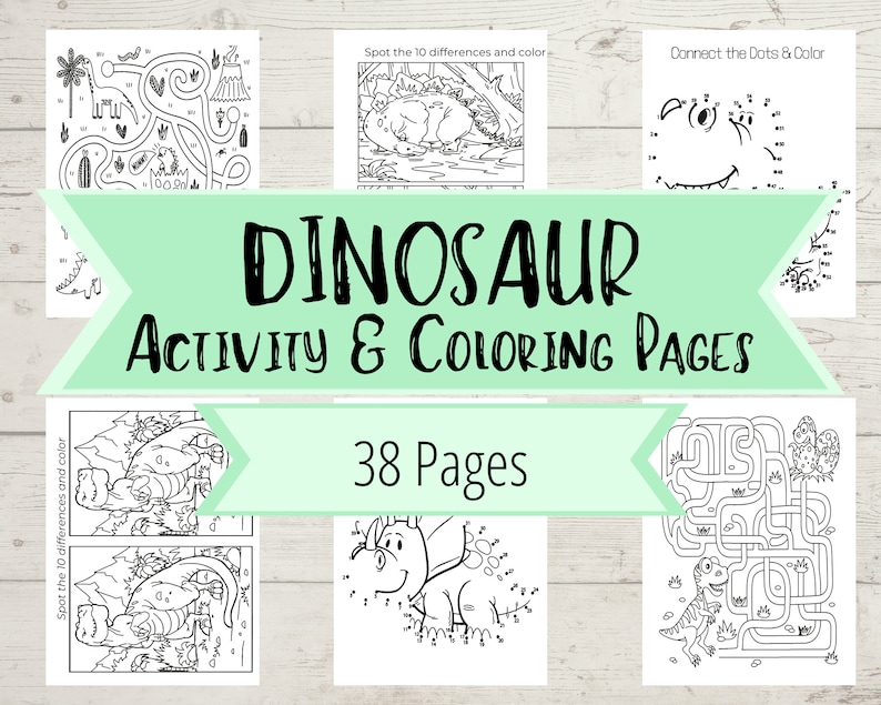 Op de afbeelding: Een set van 38 printbare dinosaurus-activiteiten en kleurplaten. De pagina's bevatten doolhoven, verbind-de-stippen en zoek-de-verschillen-activiteiten.