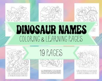 Dinosaur Name Learning & Coloring Book Printable for Kids - Learn 20 Dinosaur Names - Coloring Book Pages for Children - Digital Download