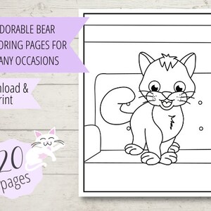 May include: Black and white coloring page featuring a cartoon cat sitting on a couch. The cat is smiling and has a playful expression. The text "Download & Print" and "20 pages" is visible in the image.