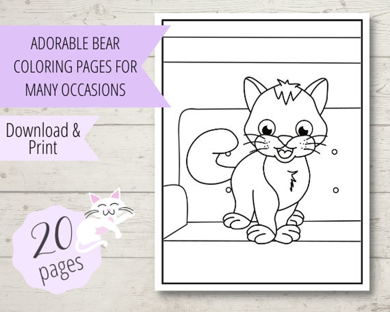 May include: Black and white coloring page featuring a cartoon cat sitting on a couch. The cat is smiling and has a playful expression. The text "Download & Print" and "20 pages" is visible in the image.