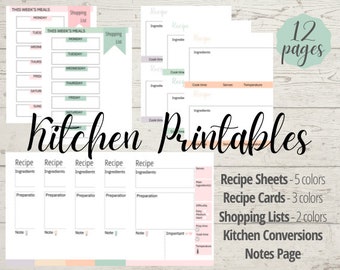 Peut inclure: Ensemble de 12 pages de documents imprimables pour la cuisine, comprenant des fiches de recettes, des cartes de recettes, des listes de courses, des conversions de cuisine et une page de notes. Les imprimés sont de couleurs pastel.