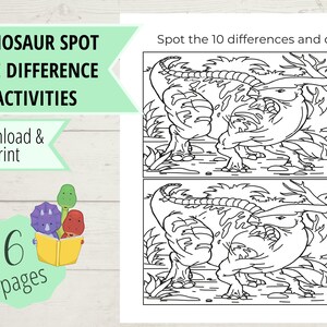 Op de afbeelding: Een zwart-witte printbare activiteitenblad met twee afbeeldingen van een dinosaurus. De tekst "Spot the 10 differences and color" staat bovenaan het blad. De tekst "Dinosaur Spot The Difference Activities" staat linksboven op het blad. De tekst "Download & Print" staat onder de titel. De tekst "6 pages" staat in een cirkel linksonder op het blad.