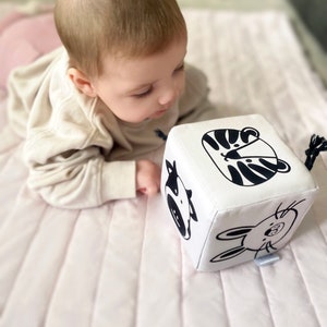 High Contrast Animal Faces Soft Block Rattle Toy in Organic Cotton