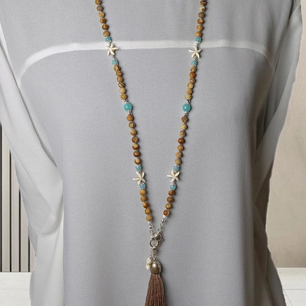 Halskette lang hellbraun hellblau Jaspis-Perlen Seesterne Silber 925 lange Quaste Sommerhalskette k-0063