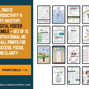 May include: A set of 15 printable digital posters with motivational quotes and illustrations. The posters are designed to help with productivity, life mastery, success, focus, and clarity. The posters are in a digital format and can be printed at home.