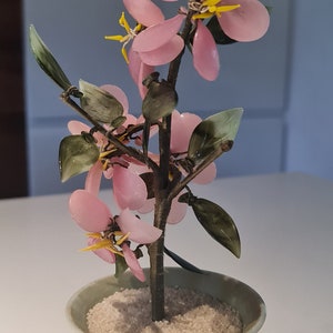 Puede incluir: Un pequeño árbol de vidrio en maceta con flores rosas y hojas verdes. El árbol está en una maceta de cerámica verde claro con una base de arena.