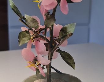 Vintage Pink Jade Green Ware Art Glass Flower Cherry Blossom Tree Bonsai Potted Plant Sculpture