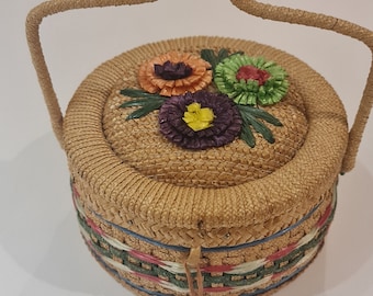 Vintage Sewing Basket With Fabric Lining and Flower Pin Cushion Inside Hinged Lid