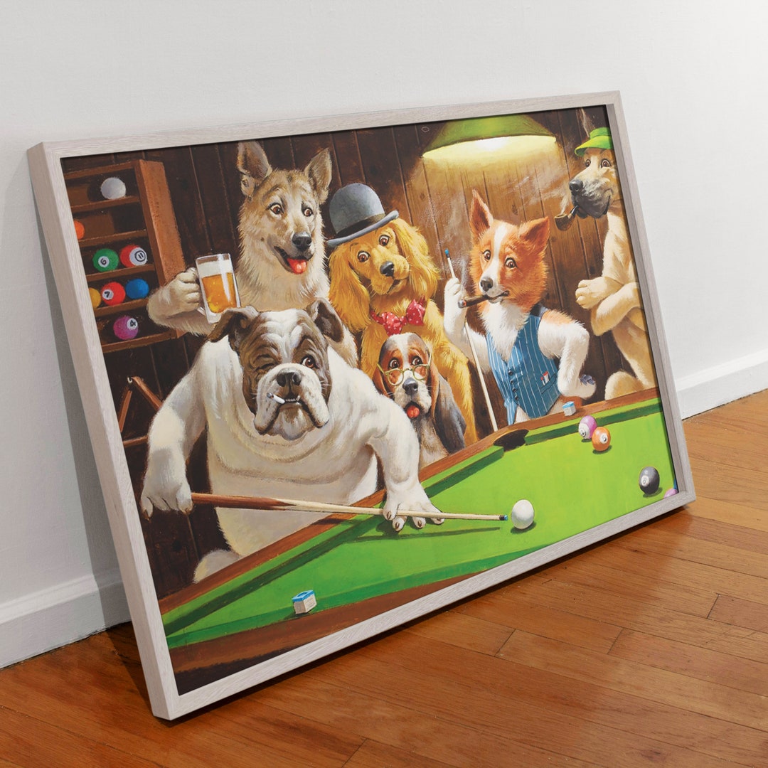 Dogs Playing Pool Poster Wall Art by Arthur Sarnoff, Dogs Playing Pool