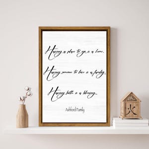 May include: Wooden framed wall art with the text "Having a place to go is a home. Having someone to love is a family. Having both is a blessing." The text is in black script on a white background. The Ashford Family name is below the text.