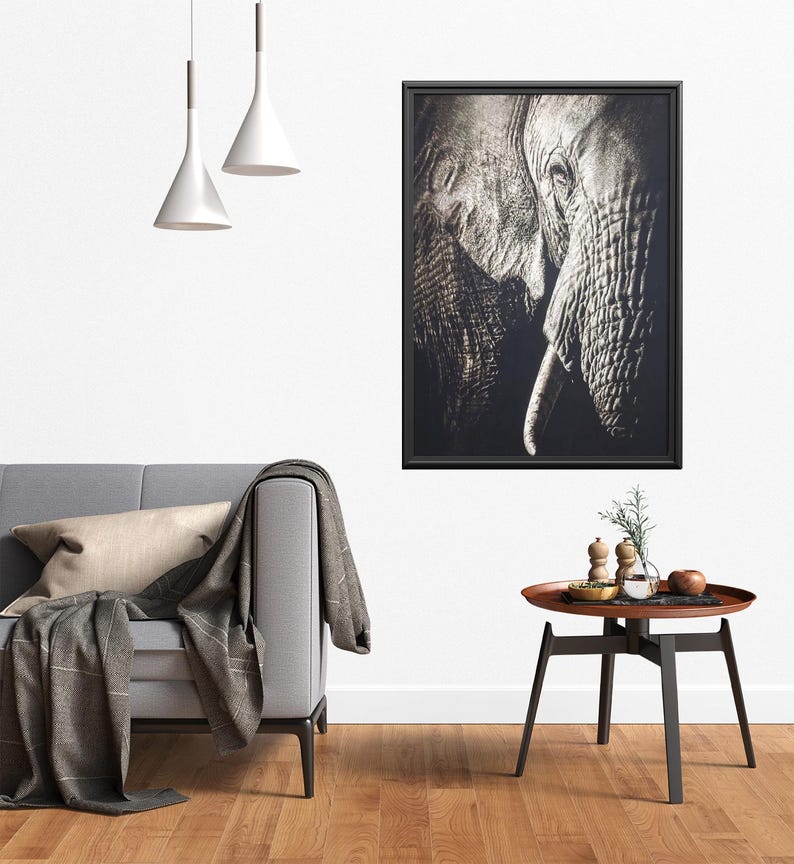 Peut inclure: Une photographie en noir et blanc d'un visage d'&eacute;l&eacute;phant, encadr&eacute;e dans un cadre noir. La trompe de l'&eacute;l&eacute;phant est enroul&eacute;e et ses yeux sont ferm&eacute;s. La photographie est accroch&eacute;e &agrave; un mur blanc au-dessus d'un canap&eacute; gris.