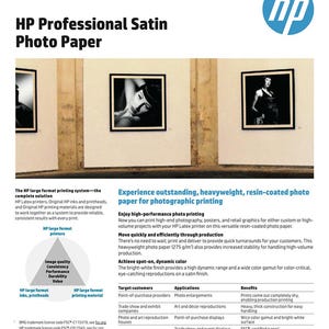 Peut inclure: Papier photo HP Professional Satin pour des impressions photographiques de haute qualit&eacute;. Ce papier lourd, enduit de r&eacute;sine, est con&ccedil;u pour les projets &agrave; fort volume et offre une large gamme de couleurs pour des reproductions &eacute;clatantes et accrocheuses. Le papier est certifi&eacute; FSC.