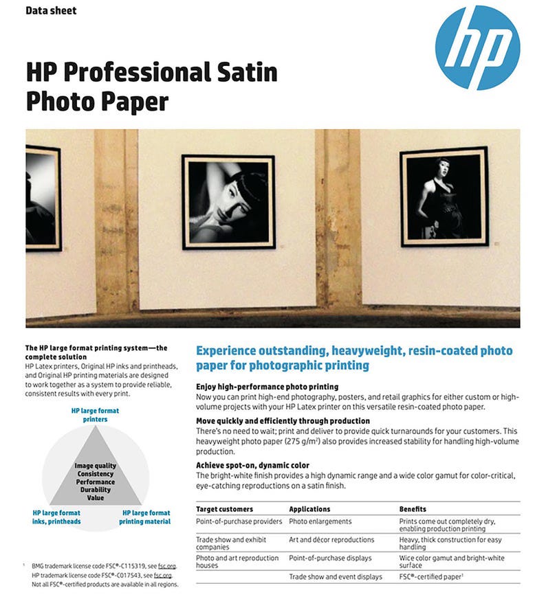 Peut inclure: Papier photo HP Professional Satin pour des impressions photographiques de haute qualit&eacute;. Ce papier lourd, enduit de r&eacute;sine, est con&ccedil;u pour les projets &agrave; fort volume et offre une large gamme de couleurs pour des reproductions &eacute;clatantes et accrocheuses. Le papier est certifi&eacute; FSC.