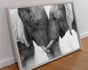Impression d'art sur toile Elephant Love : décoration d'animaux d'Afrique en noir et blanc