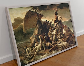 May include: A painting depicting a dramatic scene of a shipwreck. The painting features a group of people clinging to the wreckage of a ship in a stormy sea. The figures are depicted in various states of distress, some reaching out for help, others clinging to the wreckage for dear life. The painting is rendered in a realistic style, with a focus on the emotional impact of the event.
