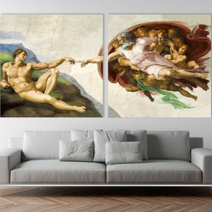 Art mural La création d&#39;Adam par Michel-Ange, toile de Michel-Ange, oeuvre d&#39;art de décoration murale célèbre, grande oeuvre d&#39;art murale de Michel-Ange.