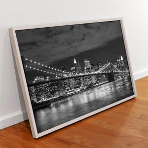 Manhattan Skyline Canvas Wall Art, Brooklyn  Bridge Black and White Poster Print, New York Night Skyline Wall Art Decor.