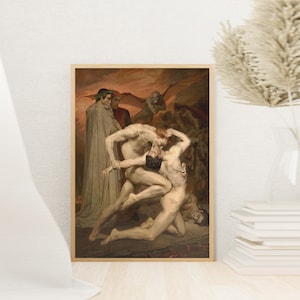 May include: A painting depicting a scene from Dante's Inferno. Two nude figures grapple with each other in a fiery landscape, while a third figure watches from behind. The scene is filled with dramatic tension and emotion.