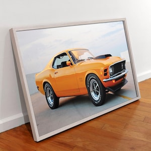 Ford Mustang 1970 Canvas Wall Art, Yellow Mustang Large Size Poster Print Decor, Mustang Sport Car Wall Decor Print,Classic Racing Car Print