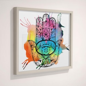 Toile Hamsa colorée : oeuvre d&#39;art murale spirituelle bohème