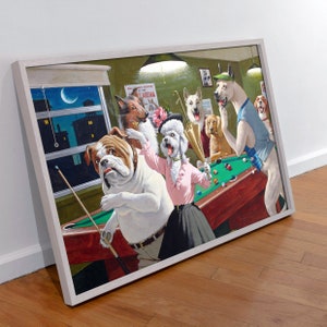 Dogs Playing Pool Canvas Wall Art, Funny Animal Wall Art, Dogs Playing Pool Poster Print Decor, Animal Wall Art, Man Cave Funny Wall Art.