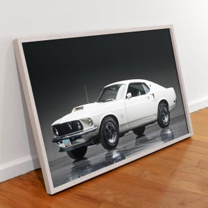 Ford Mustang 1969 Canvas Wall Art , Mustang Boss 429 Poster Wall Art Print, Classic Sport Car Wall Decor, White Ford Mustang Car Print.