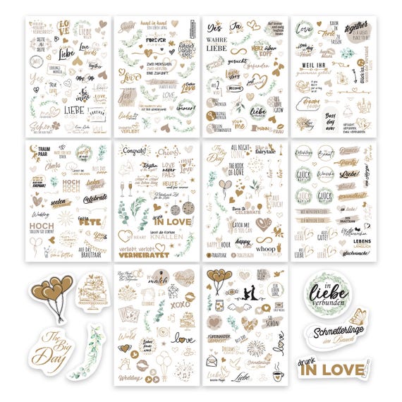 colortouch Sticker Hochzeit Gästebuch (325 Motive), Aufkleber Hochzeit für Fotoalbum, 10 Blatt Hochzeitsaufkleber Scrapbook Hochzeit - Creme