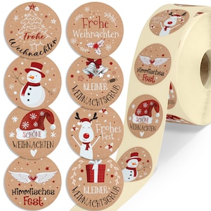 Aufkleber Weihnachten - 500 St Frohe Weihnachten Sticker, Kraftpapier Optik Weihnachtsaufkleber- 35mm Rund Rolle Selbstklebend