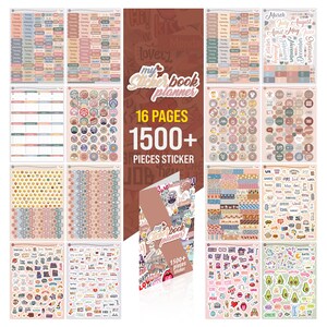Könnte beinhalten: Eine Sammlung von Planer-Aufklebern mit verschiedenen Designs und Farben. Die Aufkleber enthalten Etiketten für Wochentage, Monate und dekorative Elemente. Das Set enthält über 1500 Teile auf 16 Seiten, mit dem Text "my sticker book planner".