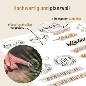 May include: A set of 10 round, transparent stickers with various wedding-themed designs. The stickers feature text in German, including "Die Braut", "W&uuml;nsche", "Liebe", "Gl&uuml;ck", "Party", and "Ratschl&auml;ge".