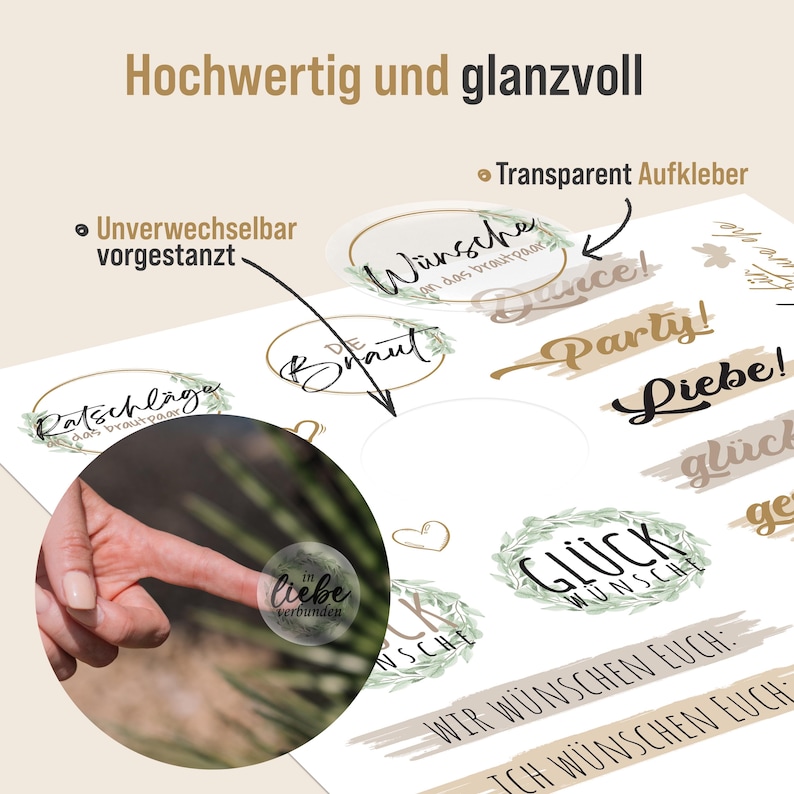 May include: A set of 10 round, transparent stickers with various wedding-themed designs. The stickers feature text in German, including "Die Braut", "W&uuml;nsche", "Liebe", "Gl&uuml;ck", "Party", and "Ratschl&auml;ge".