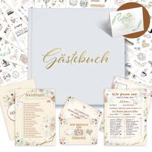 Gästebuch Hochzeit 100 Blanko Seiten,70 Hochzeitsspiel Aufgaben,50 Hochzeitsquiz,52 Postkarten, 10 Blatt Hochzeitsaufkleber, 50 Tischkarten